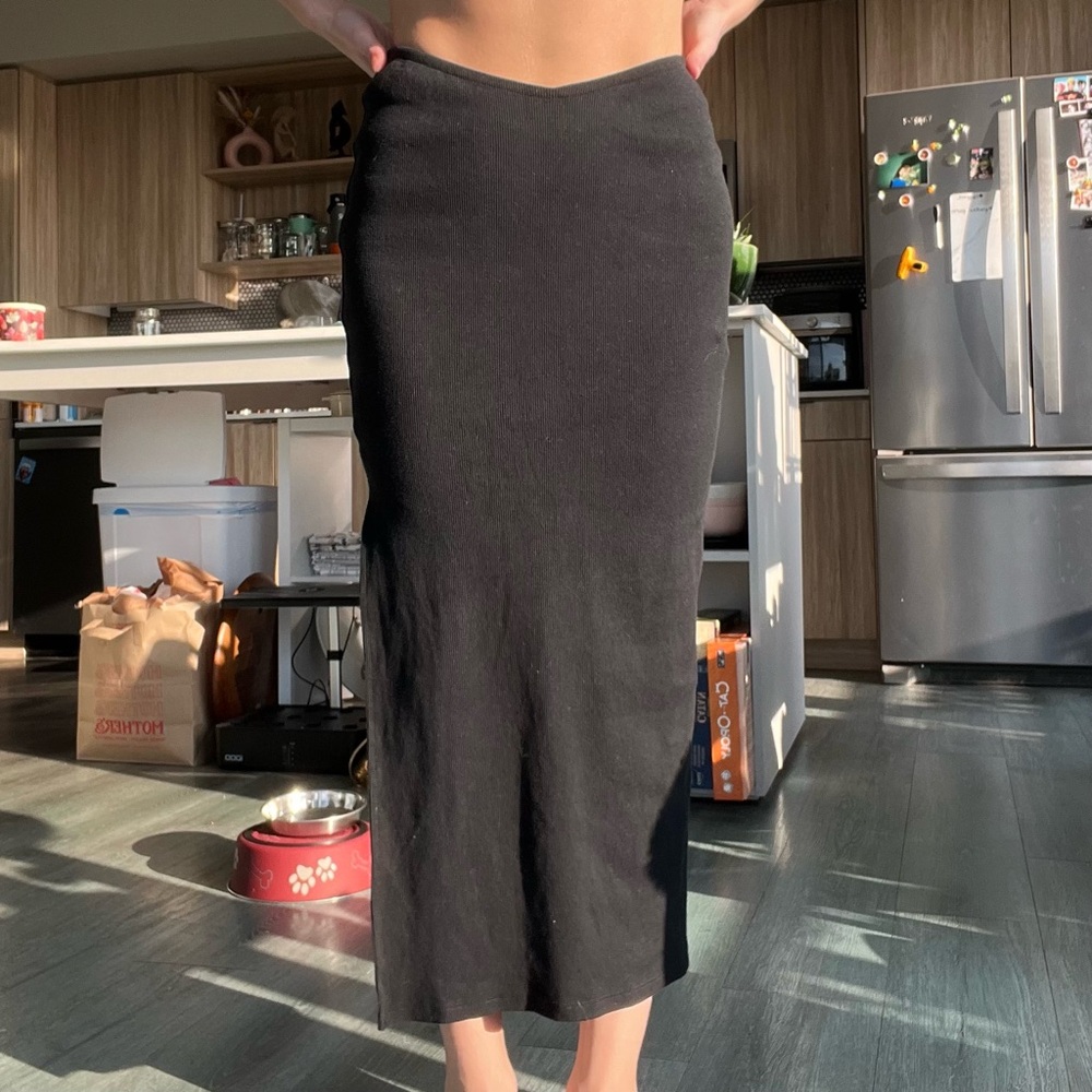 Princess Polly ribbed midi skirt with slit stretchy soft cotton neutral